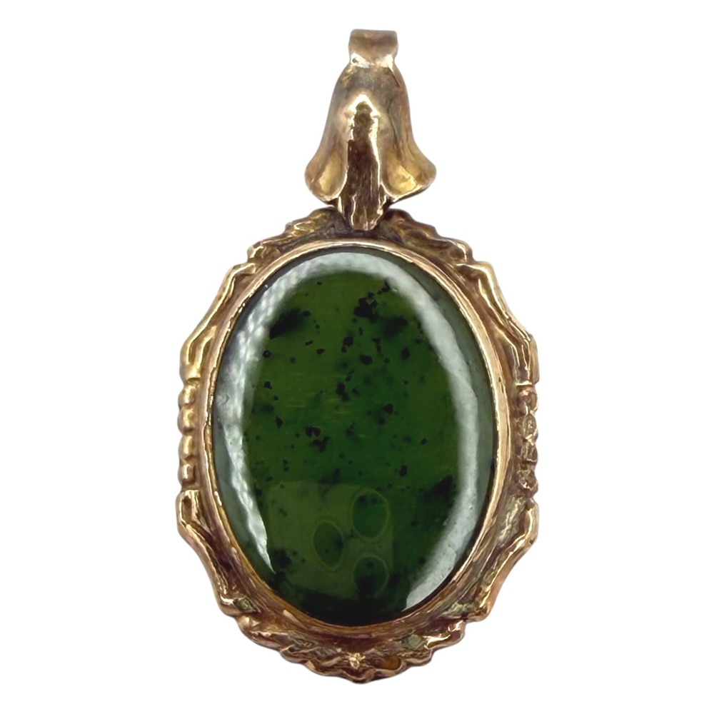 Dixelle Pendant 12K Gold Filled Green Serpentine Oval Vintage Mid Century